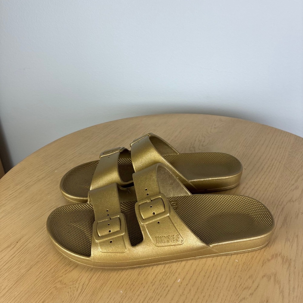 Freedom Moses Gold Metallic Double Strap Slide Sandals Women's 39 40 US 8-9 - Picture 4 of 7